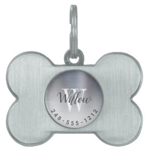 Médaillons Pour Animaux Domestiques Monogramme en métal brossé argent ombré os de chie