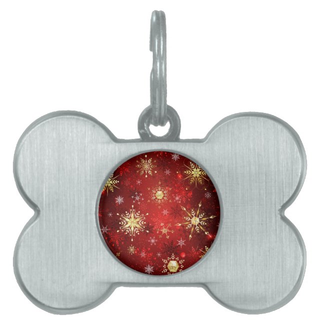 Médaillons Pour Animaux Domestiques Noël Golden Snowflakes sur Arrière - plan rouge (Devant)