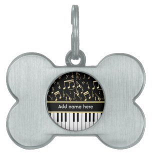 Médaillons Pour Animaux Domestiques Notes musicales et touches de piano Noir et Or
