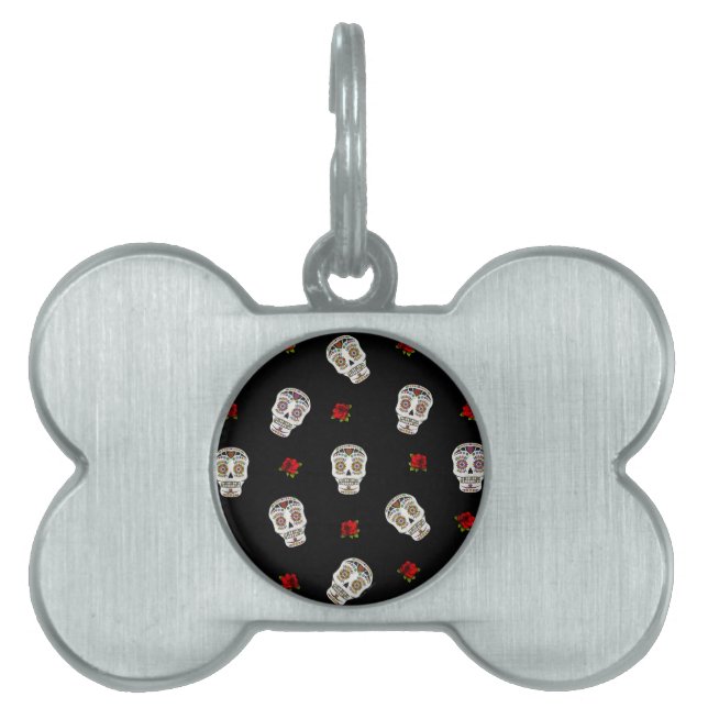 Médaillons Pour Animaux Domestiques RAB Rockabilly Sugar Skulls Roses On Black (Devant)
