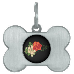 Médaillons Pour Animaux Domestiques Rose rouge et marguerites sur fond noir