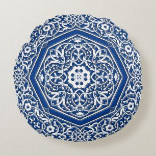 Medallion in persischem Fliesenmuster - Blau und W Rundes Kissen