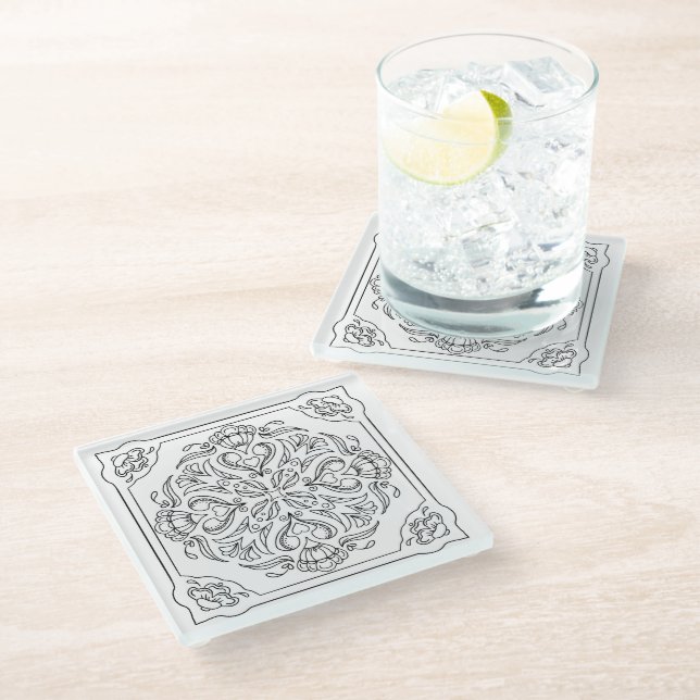 Medallion-Untersetzer aus Schwarzweiß-Glas Glasuntersetzer (Schrägansicht)
