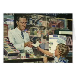 Médecine vintage, pharmacienne et fille en pharmac