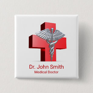 Medical 3D Caduceus Cross Red Silver Button