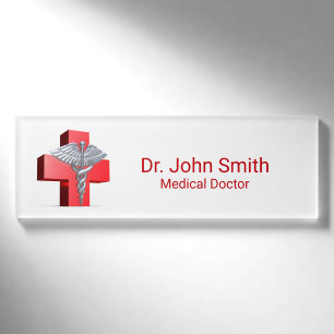 Medical 3D Caduceus Silver Cross Rot Namenschild