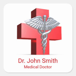 Medical 3D Caduceus Silver Cross Rot Quadratischer Aufkleber