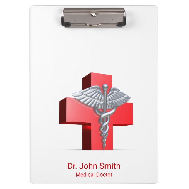Medical 3D Silver Caduceus Cross Red Klemmbrett (Vorderseite)