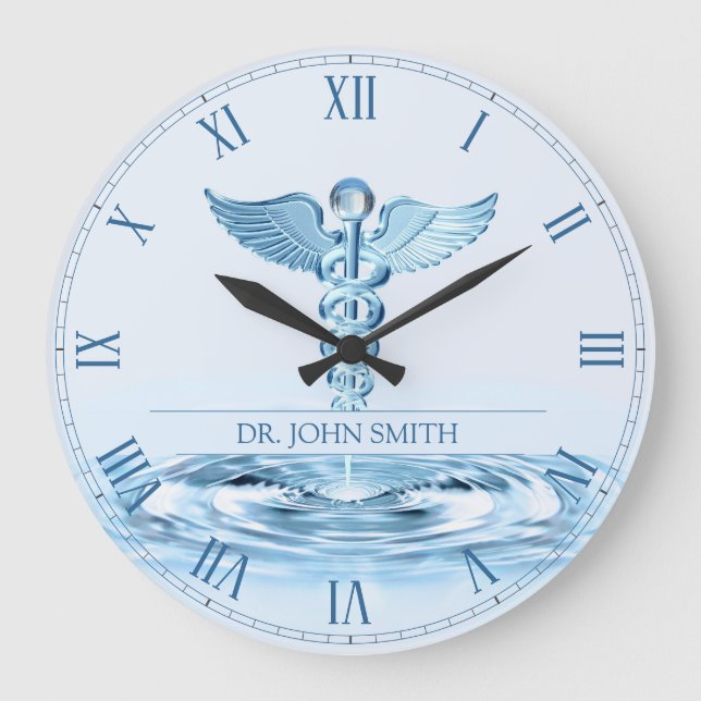Medical Blue Hermes Rod Caduceus Water Ripples Große Wanduhr (Vorderseite)