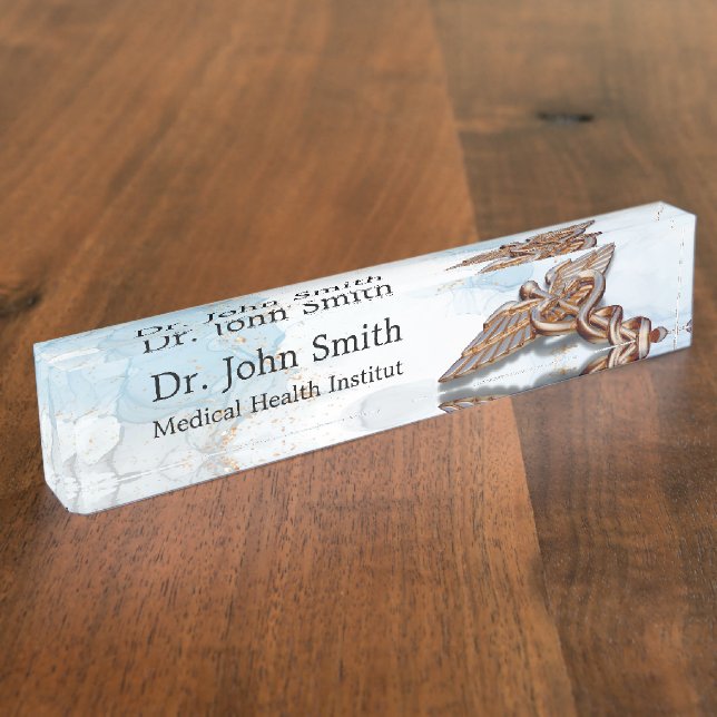 Medical Caduceus Kupfer Luxus Rose Gold Marmor Namensplakette (Seite)