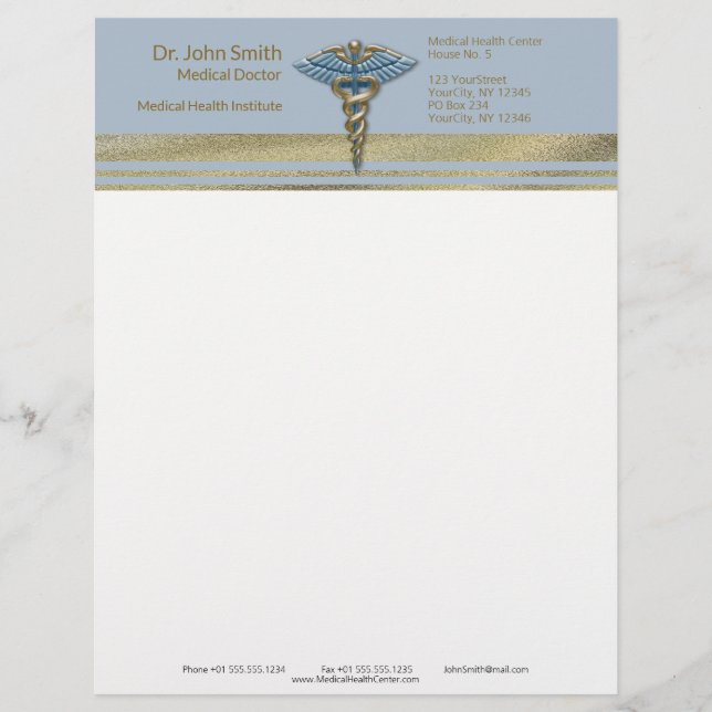 Medical Caduceus Light Blue Imitats Gold Streifen Briefbogen (Vorderseite)