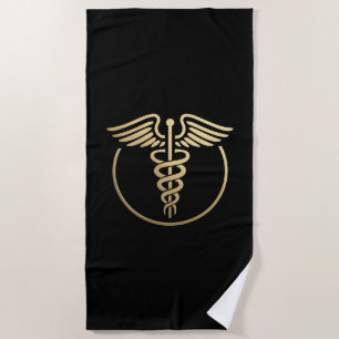 Medical Caduceus Symbol Black Gold Strandtuch
