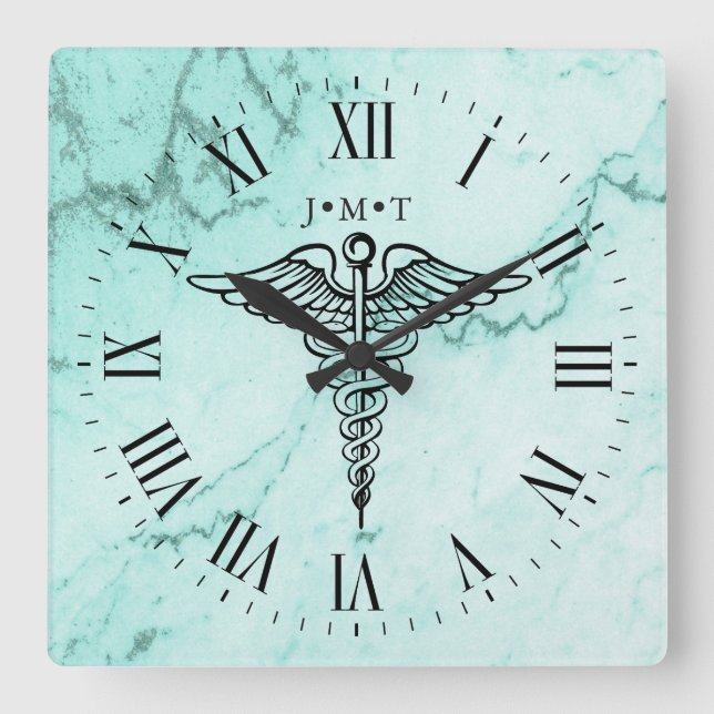 Medical Caduceus Symbol Custom Initials Marble Quadratische Wanduhr (Vorderseite)