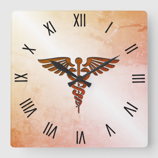 Medical Caduceus w Black Roman Numerals Quadratische Wanduhr (Vorderseite)