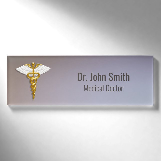 Medical Elegant Gold Caduceus White Wings Namenschild (Vorderseite)
