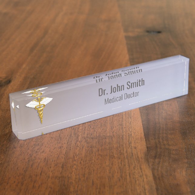 Medical Elegant Gold Caduceus White Wings Namensplakette (Seite)