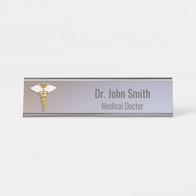 Medical Elegant Gold Caduceus White Wings Schreibtischnamensplakette (Vorderseite )