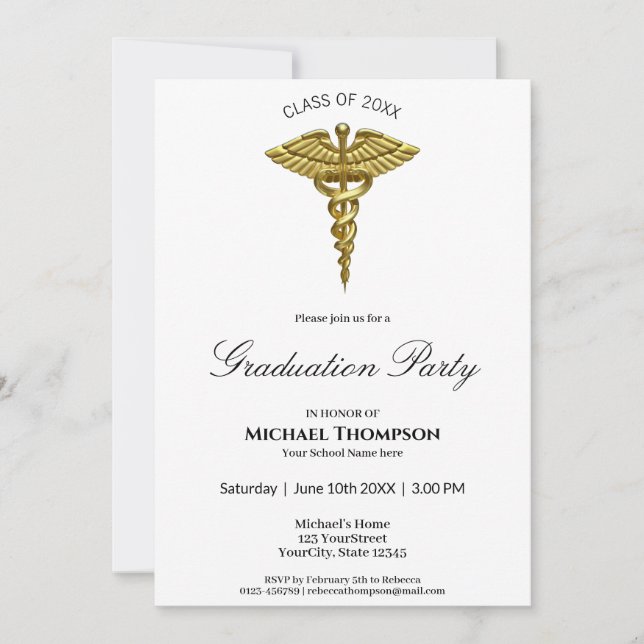 Medical Gold Caduceus White Abschluss Einladung (Vorderseite)