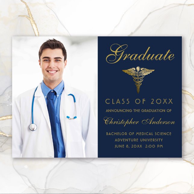 Medical Navy Blue Gold Caduceus Foto Abschluss Ankündigung (Medical Navy Blue Gold Script Photo College Graduation Announcement)