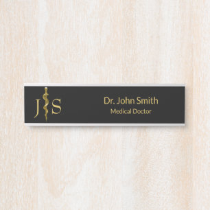 Medical Rod of Asclepius Gold on Black Classy Türschild