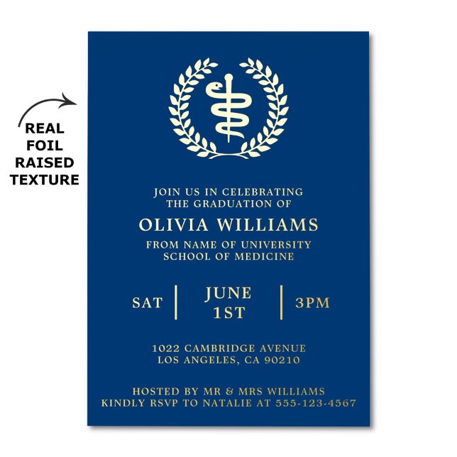 Medical School Navy Gold Graduation Party Folieneinladung (Elegant school of medicine graduation party invitation with real foil raised texture)