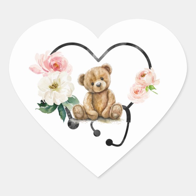 Medical Teddy Bar Floral Stethoscope Herz-Aufkleber (Vorderseite)