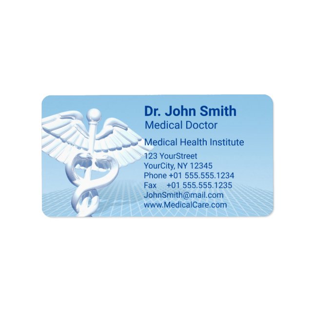 Medical White 3D Caduceus Blue Design Adressaufkleber (Vorne)