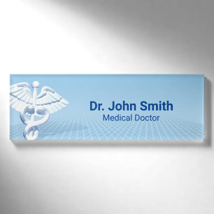 Medical White 3D Caduceus Blue Design Namenschild