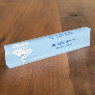 Medical White 3D Caduceus Blue Design Namensplakette