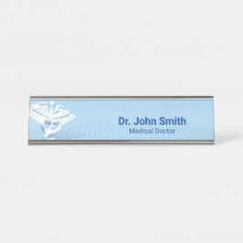 Medical White 3D Caduceus Blue Design Schreibtischnamensplakette