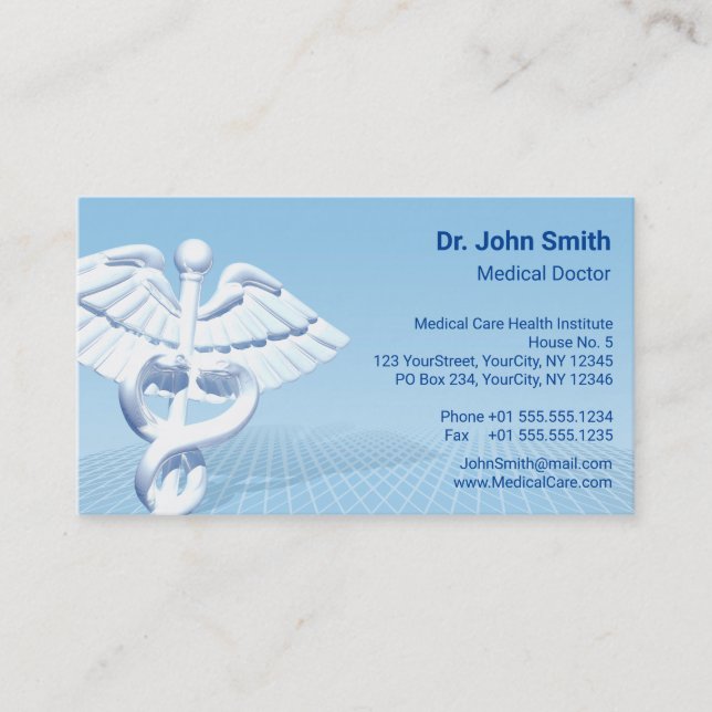 Medical White 3D Caduceus Blue Design Visitenkarte (Vorderseite)