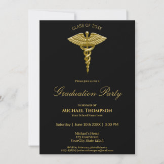 Médicale Gold Caduceus Black Graduation Invitation