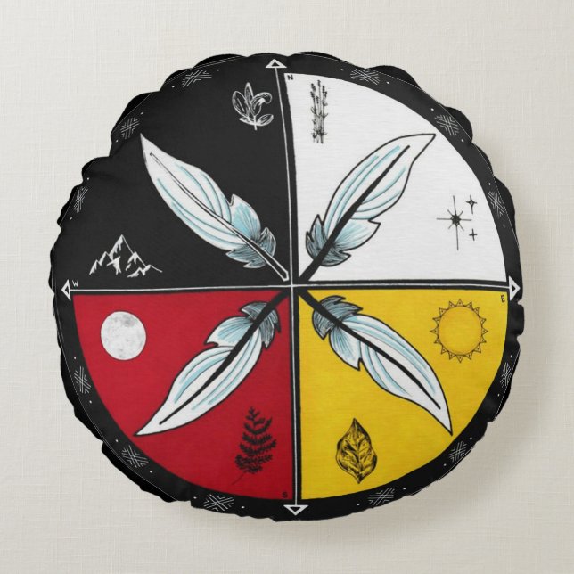 Medicine Wheel Mandala Round Indigenous Rundes Kissen (Vorderseite)