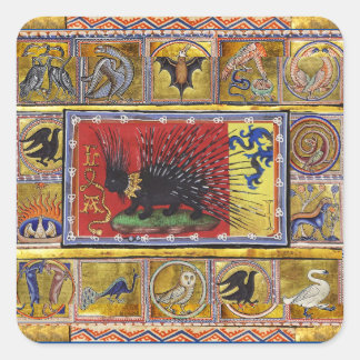 MEDIEVAL BESTIARY,BLACK HEDGEHOG KING and ANIMALS  Quadratischer Aufkleber