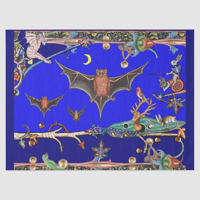MEDIEVAL BESTIARY,FLYBATS WALDTIERE Blau Seidenpapier (Vorderseite)
