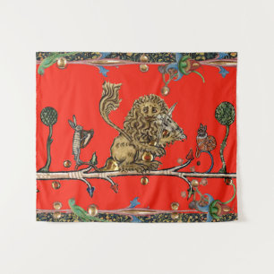 MEDIEVAL BESTIARY MACHEN MUSIK Violinist Lion Red Wandteppich