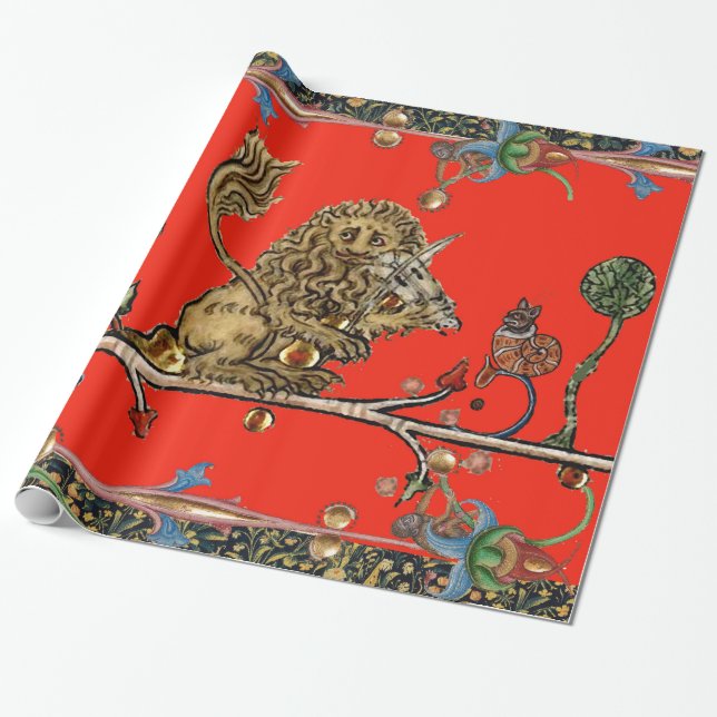 MEDIEVAL BESTIARY MAKING MUSIC Violinist Lion Red Geschenkpapier (Ungerollt)