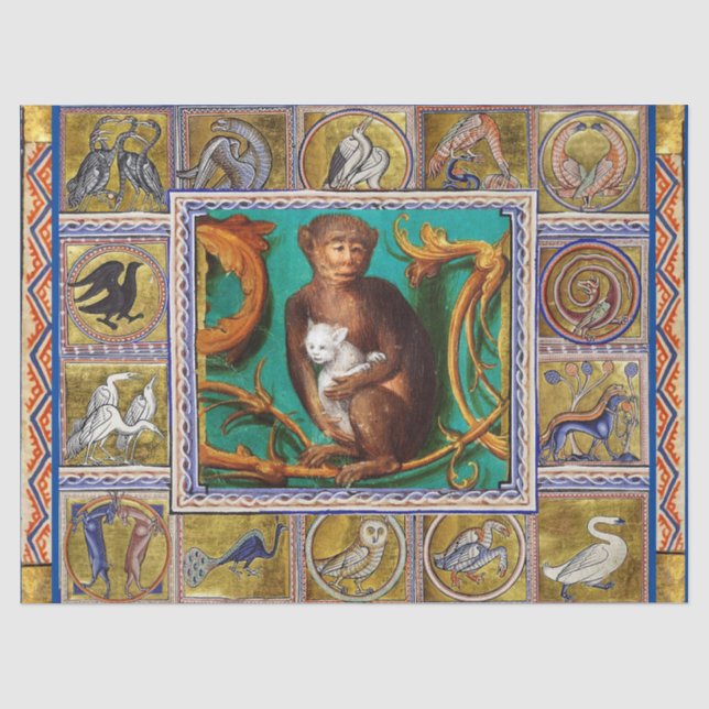 MEDIEVAL BESTIARY, MONKEY AND WHITE CAT,TIERE SEIDENPAPIER (Vorderseite)