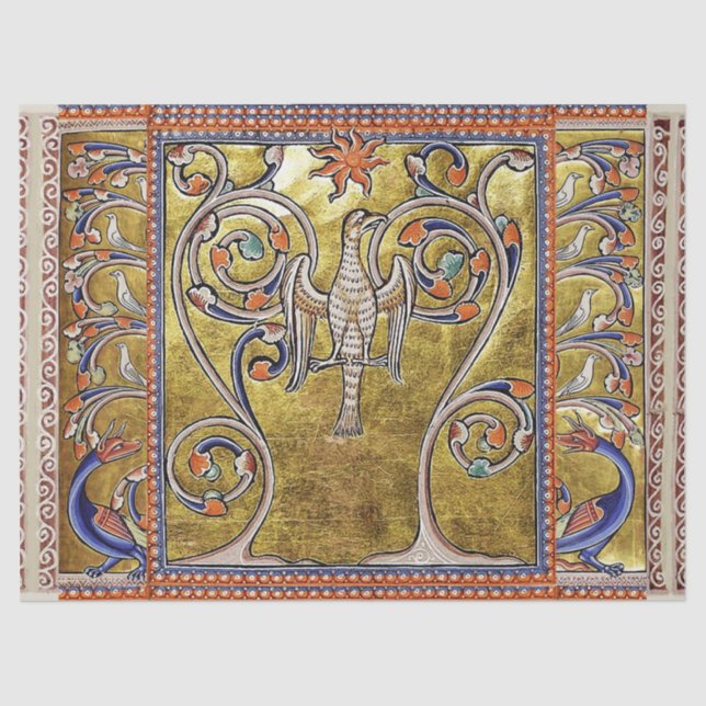 MEDIEVAL BESTIARY, PHOENIX ON TREM OF LIFE, DRAGON SEIDENPAPIER (Vorderseite)