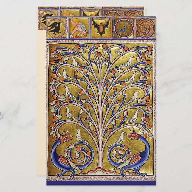 MEDIEVAL BESTIARY,VÖGEL AUF BAUM DES LEBENS,DRAGON BRIEFPAPIER (Vorne/Hinten)