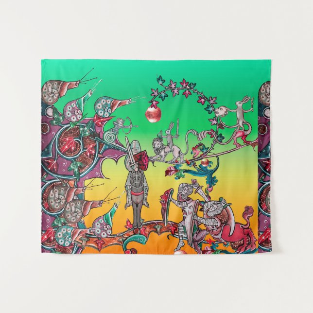 MEDIEVAL BESTIARY WAR, KNIGHTS, GIANT SNAILS Green Wandteppich (Vorderseite (Horizontal))