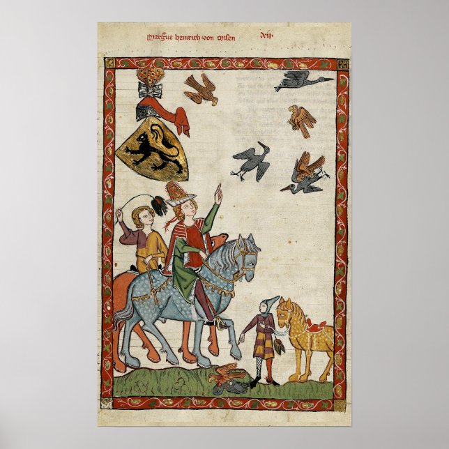 Medieval Boys on horseback with birds Poster Print (Vorne)
