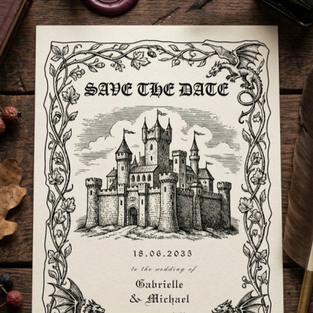 Medieval Castle Black White Illustration  Save The Date (Von Creator hochgeladen)