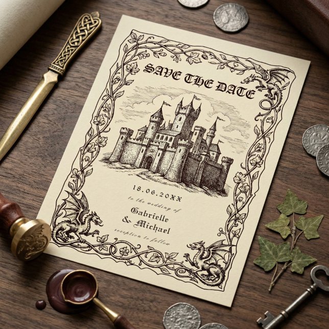 Medieval Castle Sepia Illustration Wedding Save The Date (Von Creator hochgeladen)