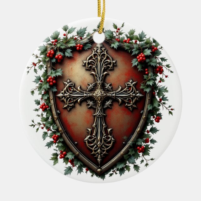 Medieval Christmas Shield with Gothic Cross  Keramik Ornament (Vorne)