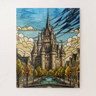 Medieval Cityscape over Canal Stained Glass Illust