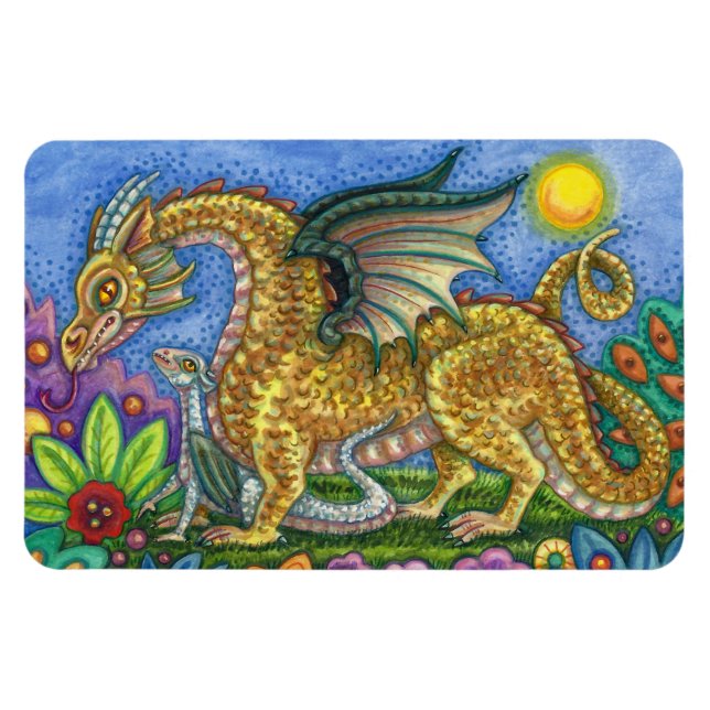 MEDIEVAL DRAGON & YOUNG, FARBIG FOLGART GARDEN MAGNET (Horizontal)