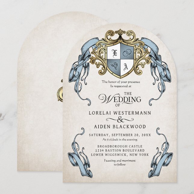 Medieval Fantasy Monogram Crest Wedding Einladung (Vorne/Hinten)