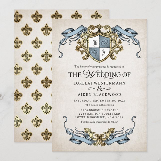 Medieval Fantasy Monogram Crest Wedding Einladung (Vorne/Hinten)