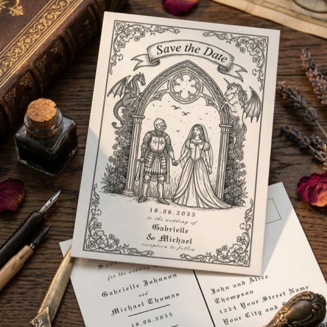 Medieval Gothic Knight Bride Groom Save The Date Postkarte (Von Creator hochgeladen)